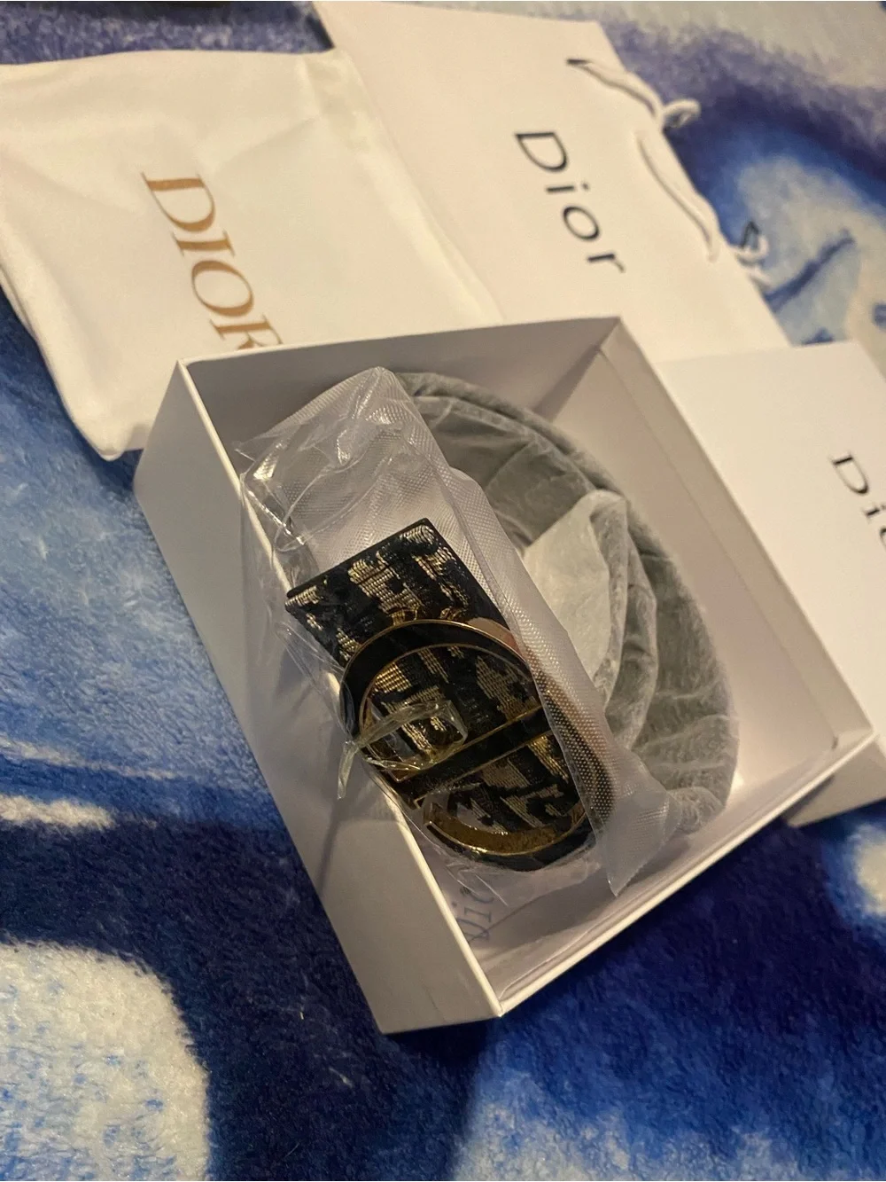 Dior Black & Blue Monogram Canvas Belt with Gold 'CD' Buckle